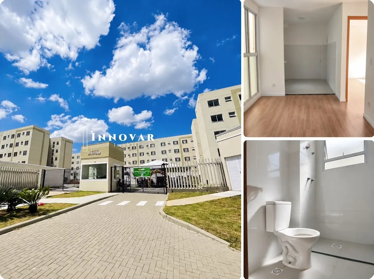 Fotos do apartamento à venda no condomínio Porto Munique, São Leopoldo: entrada do condomínio com guarita e céu azul com nuvens, sala com piso laminado e banheiro