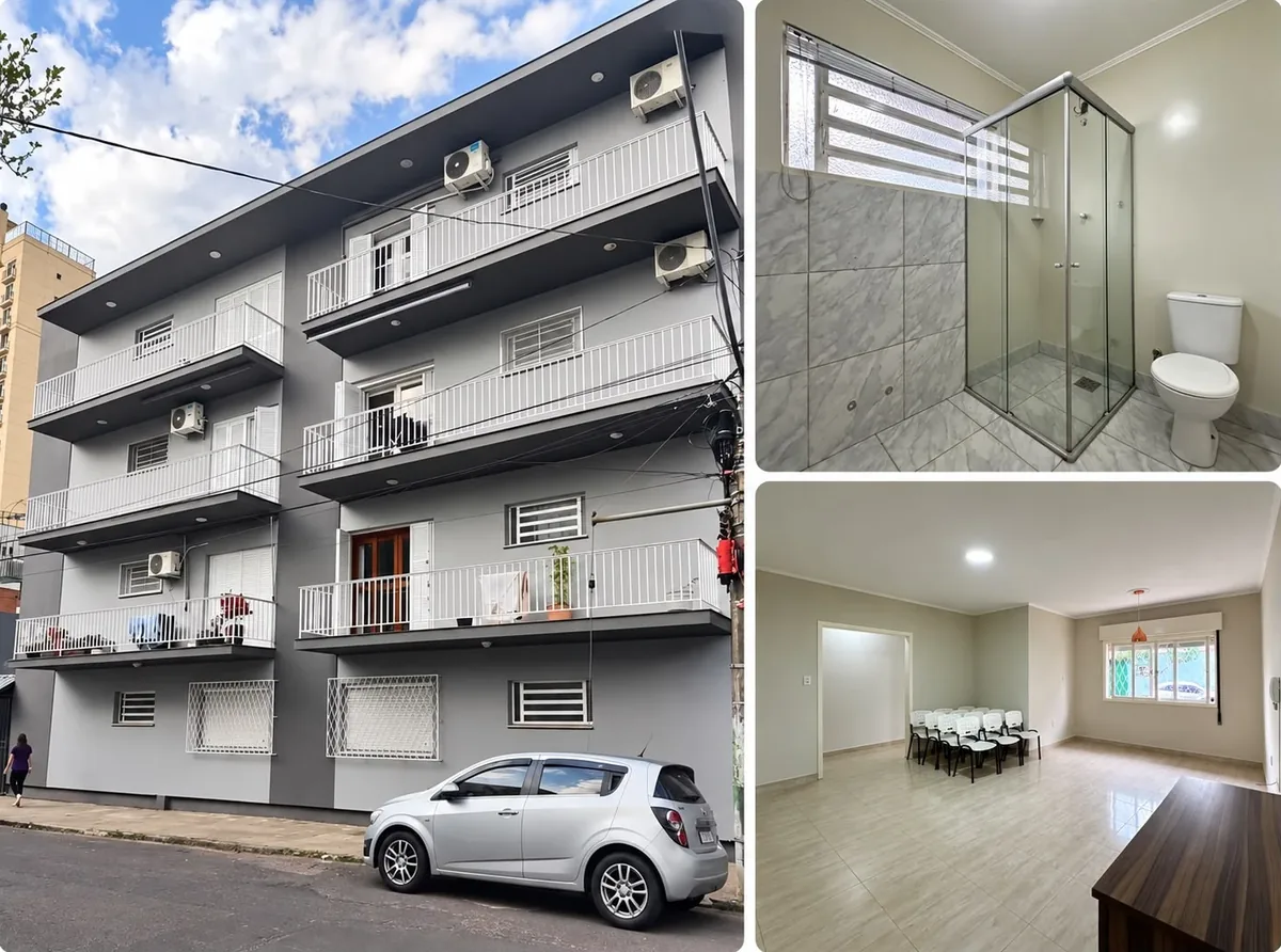 Fotos do apartamento à venda no Edifício Kaspary, na Rua José Bonifácio, Centro de São Leopoldo: fachada do prédio, banheiro com box de vidro e sala ampla