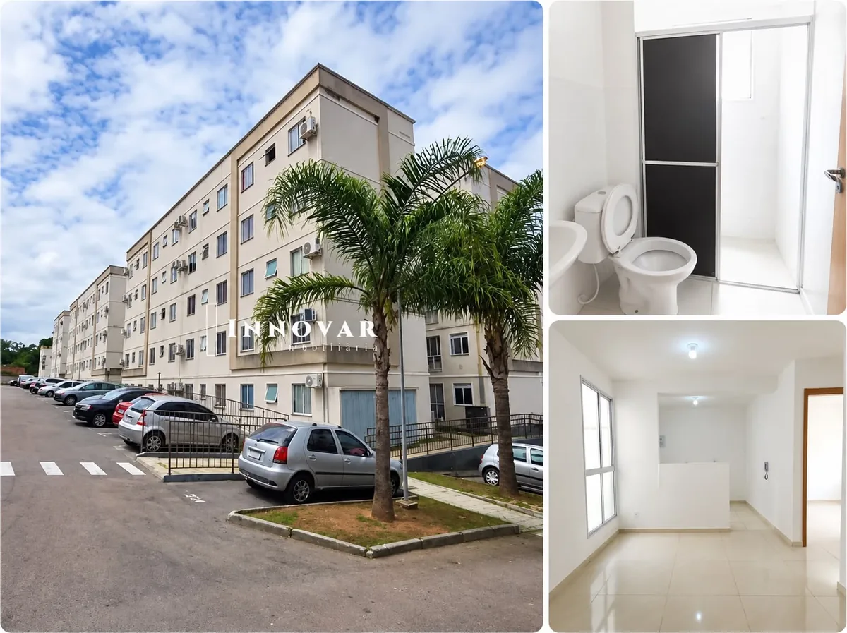 Fotos do apartamento à venda no Residencial Parque Porto Berlim, bairro Santo André, São Leopoldo: fachada do prédio com palmeiras, banheiro e sala vazia
