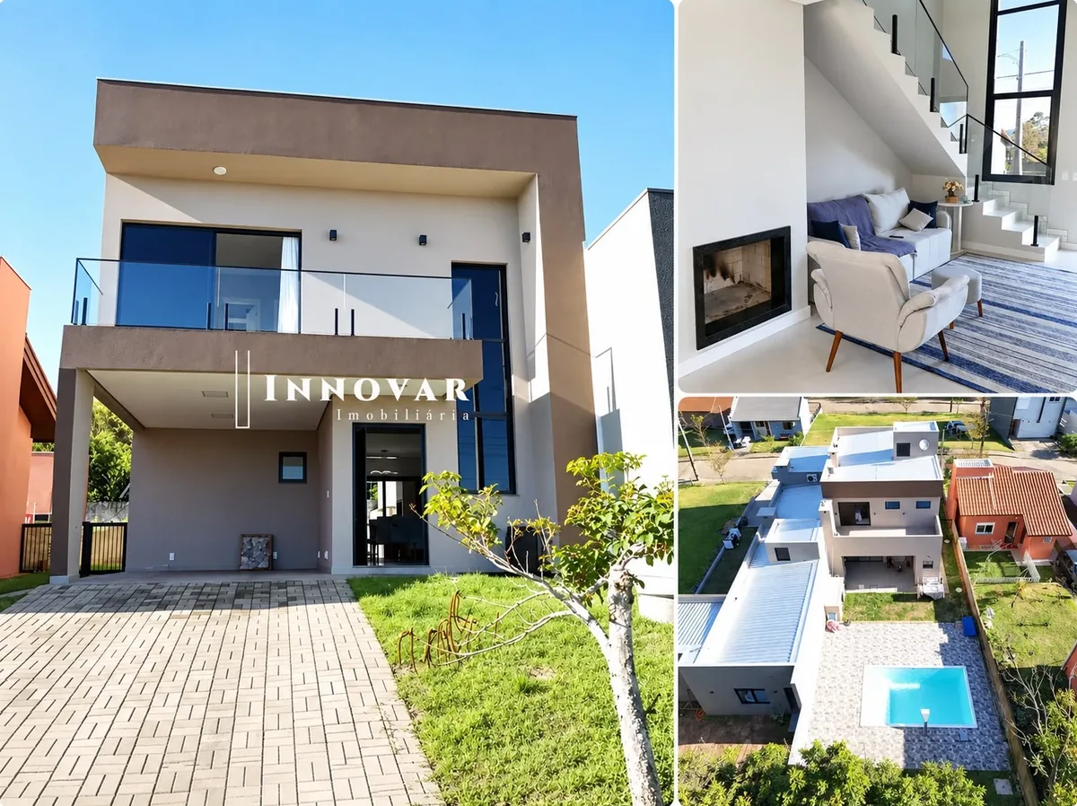 Fotos do sobrado moderno à venda no Residencial Mirante do Vale, bairro Lomba Grande, Novo Hamburgo: fachada de arquitetura contemporânea, sala de estar com lareira e escada com guarda-corpo de vidro, e vista aérea do pátio com piscina