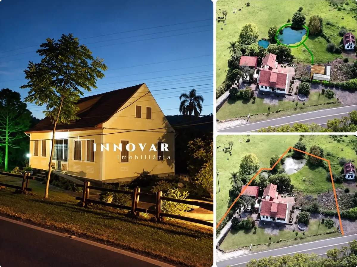 Fotos da casa comercial amarela de estilo colonial à venda no bairro Boêmios, Nova Petrópolis: a casa fotografada ao anoitecer e duas vistas aéreas do terreno, com o lago e o contorno da área em destaque